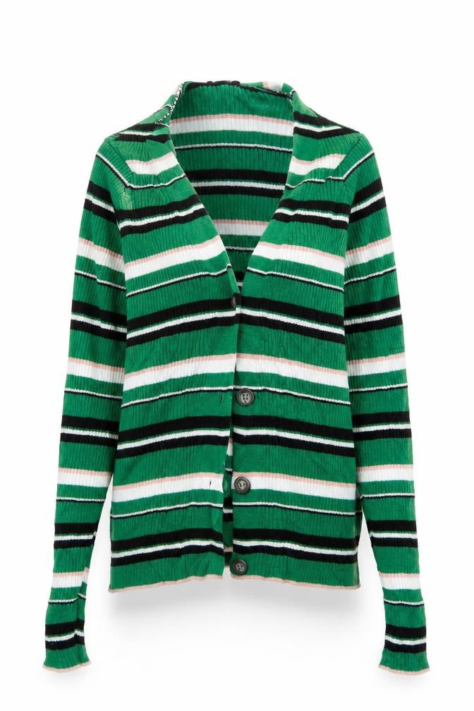 Front view of New Look women’s green striped knit cape jumper, size UK 8