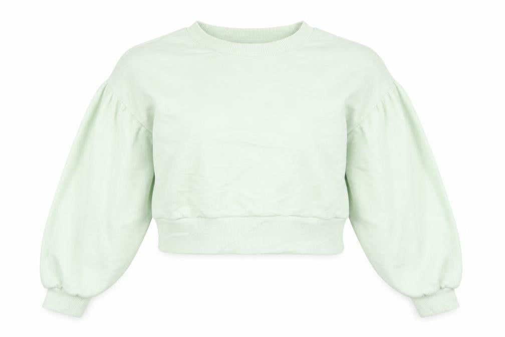 Front view of Bershka women’s green pullover sweatshirt, size S