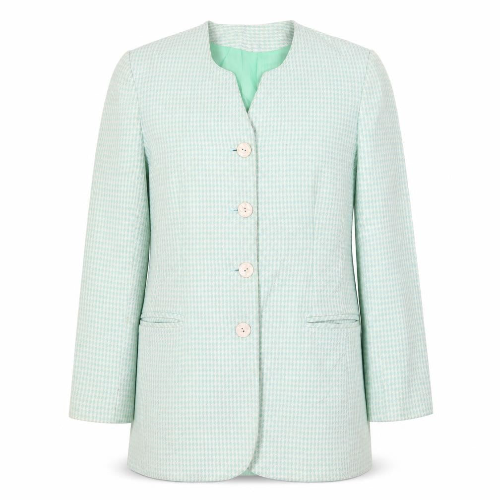 Front view of Klass women’s green geometric jacket, size UK 10