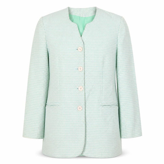 Front view of Klass women’s green geometric jacket, size UK 10