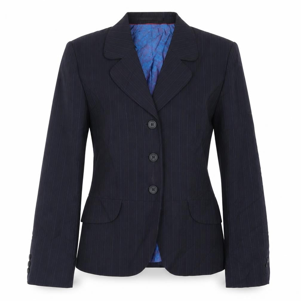 Front view of Wardrobes women’s blue striped jacket suit jacket, size UK 10