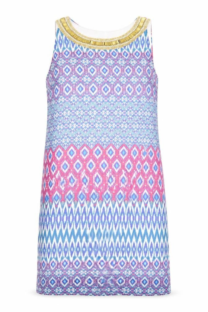 Front view of Whisper women’s blue batik a-line, size M