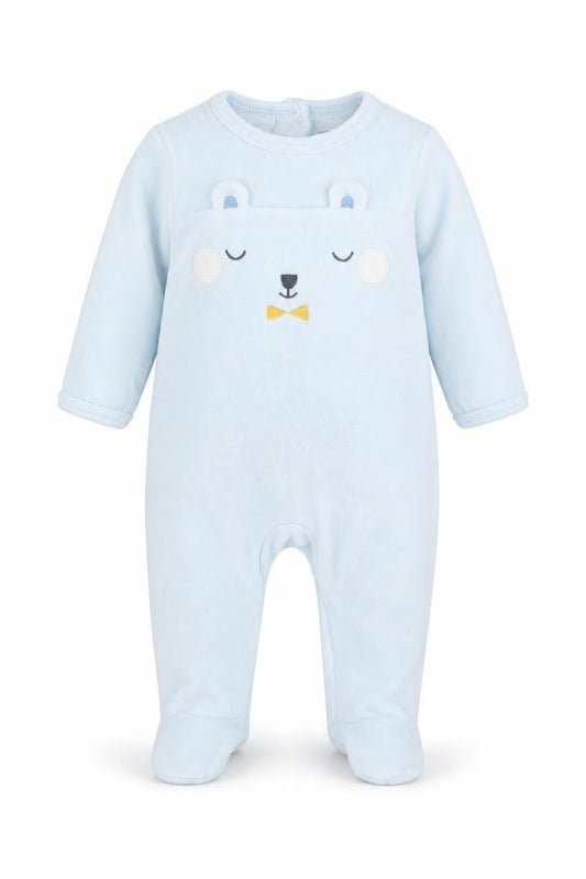 Front view of Vertbaudet boys’ blue babygrow one-piece, size 0-3, months - bear