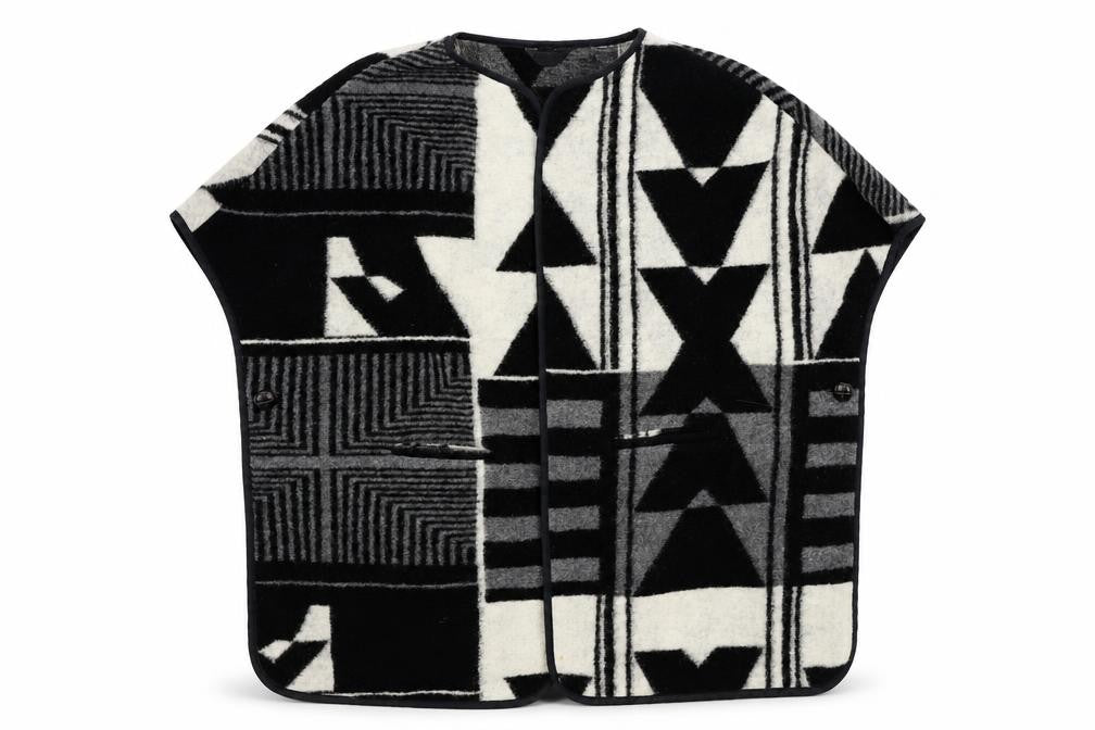 Front view of Marks & Spencer women’s black geometric jacket poncho, size UK 10