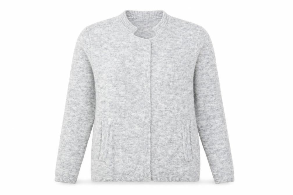 Front view of Breal women’s grey wrap jumper, size UK 16
