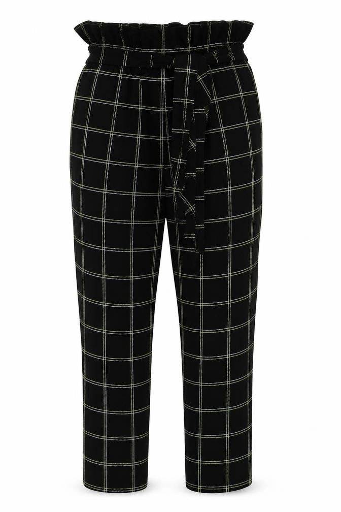 Front view of PRETTYLITTLETHING women’s black check trousers, size UK 10, 25-inch leg