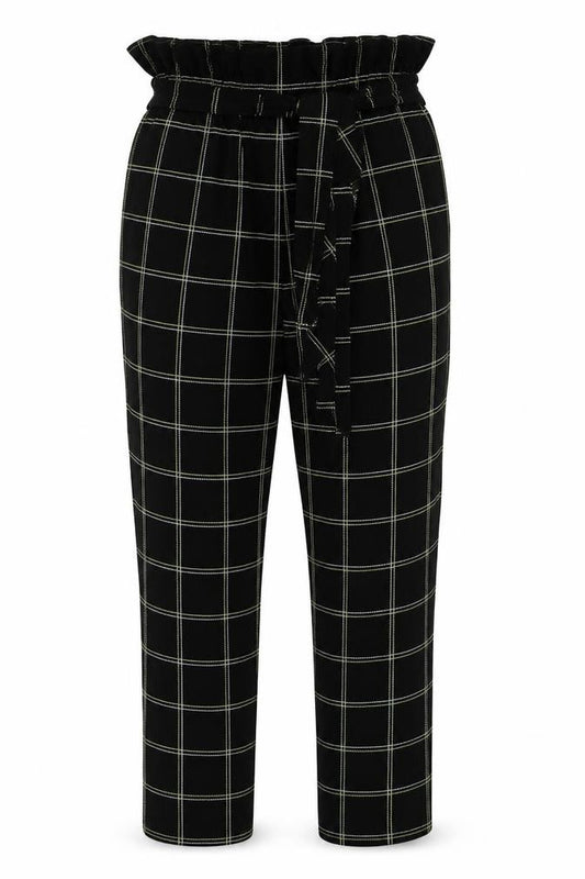 Front view of PRETTYLITTLETHING women’s black check trousers, size UK 10, 25-inch leg