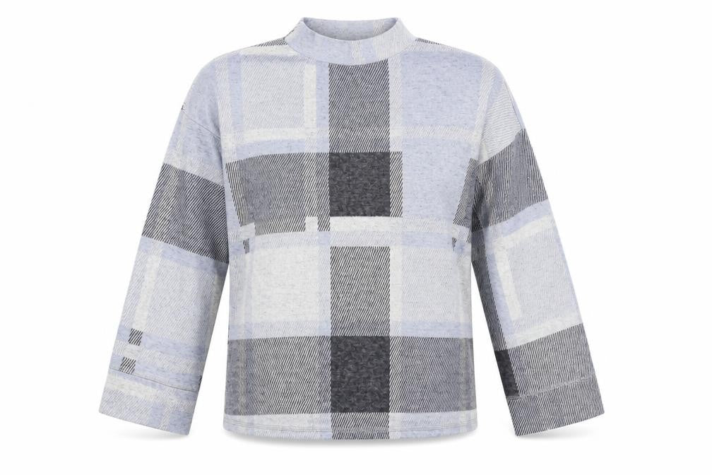 Front view of M&Co women’s blue check jumper, size UK 10