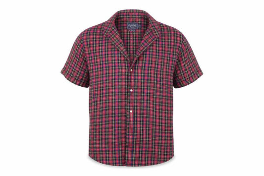 Front view of Topman men’s red check button-up, size M