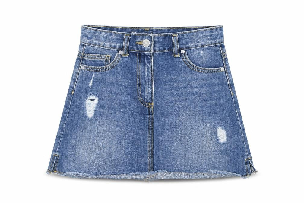 Front view of Denim & Co. girls’ blue denim mini skirt, size 10, years