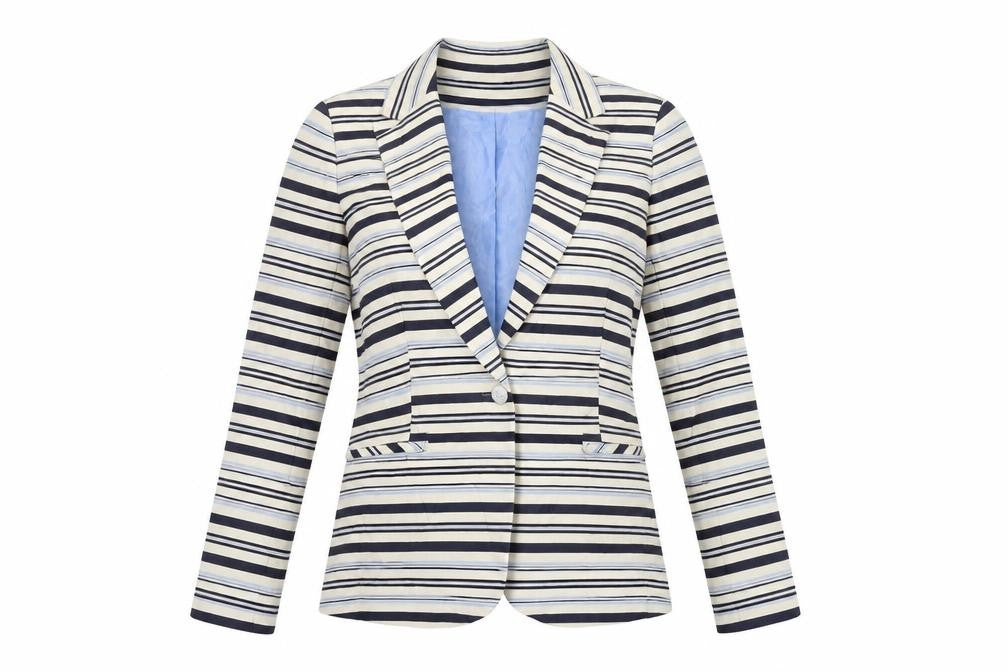 Front view of RESERVED women’s white striped jacket blazer, size UK 12
