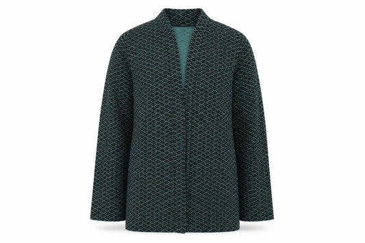 Front view of Primark women’s green geometric jacket, size UK 10