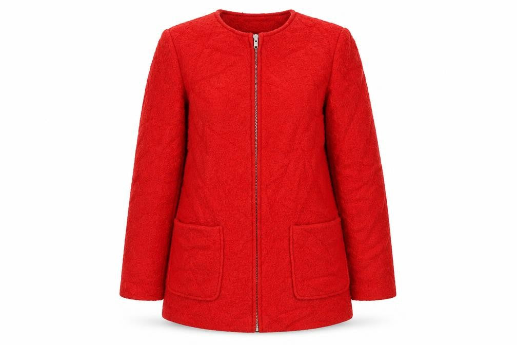 Front view of New Look women’s red biker coat, size UK 12