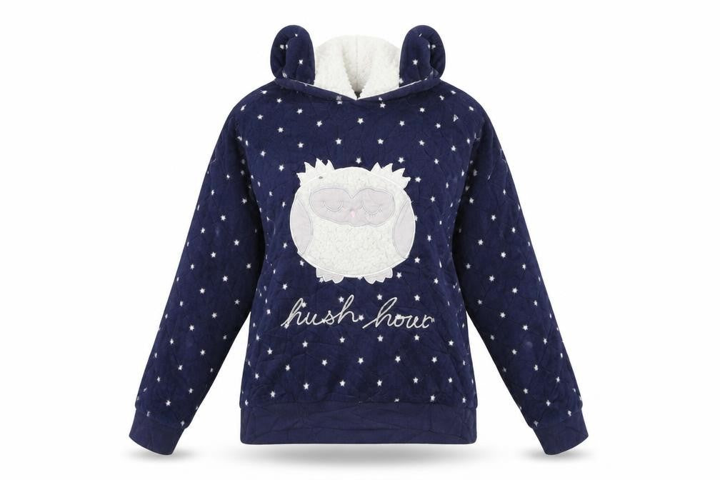 Front view of Marks & Spencer women’s blue pullover hoodie, size UK 14
