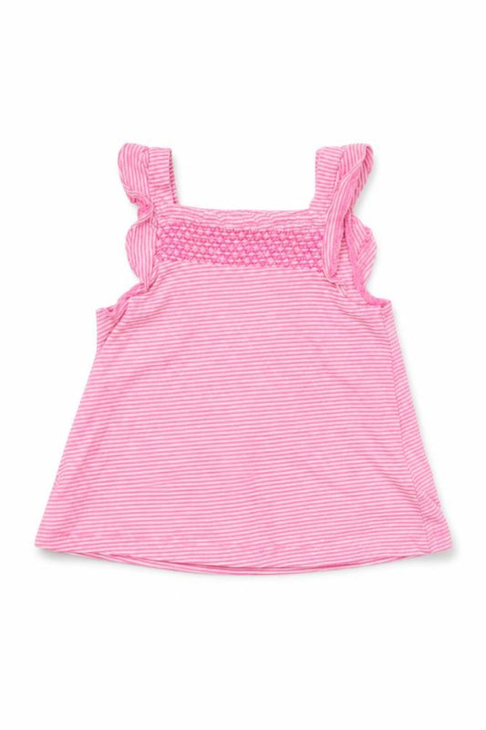 Front view of Early Days boys’ pink striped a-line, size 0-3, months