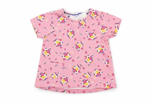 Front view of Mini Club girls’ pink floral pinafore/dungaree dress, size 9-12, months