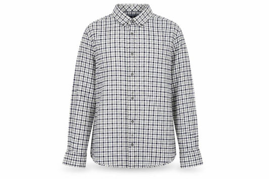 Front view of blue ha`` women’s grey check basic button-up, size M