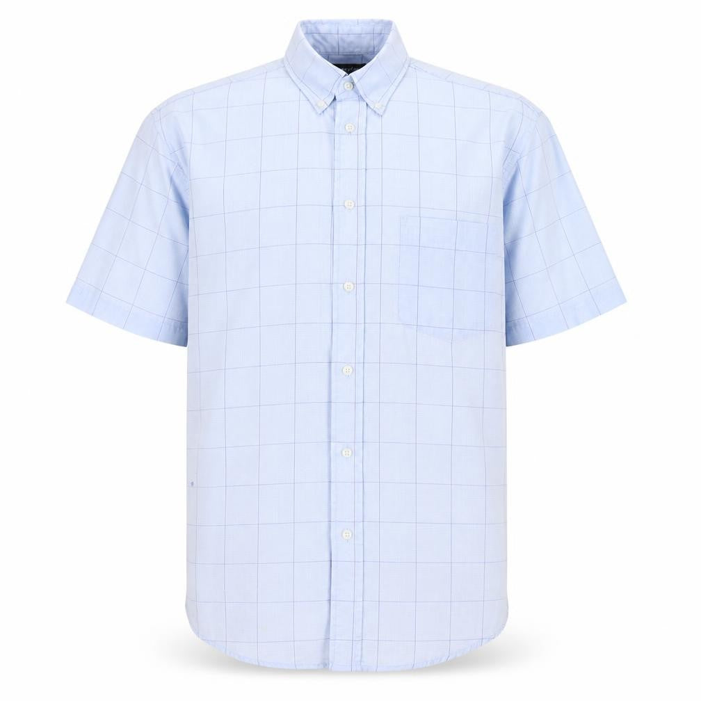 Front view of Propeller men’s blue check polo, size L