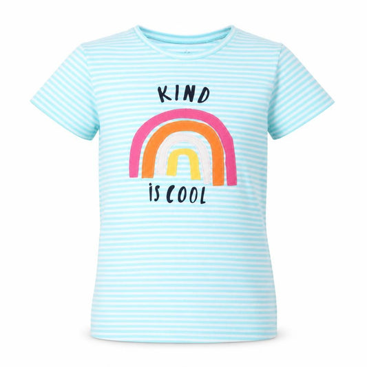 Front view of Preworn girls’ blue striped rayon basic t-shirt, size S, - rainbow