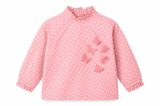 Front view of Mothercare girls’ pink polka dot pyjama top, size 9-12, months