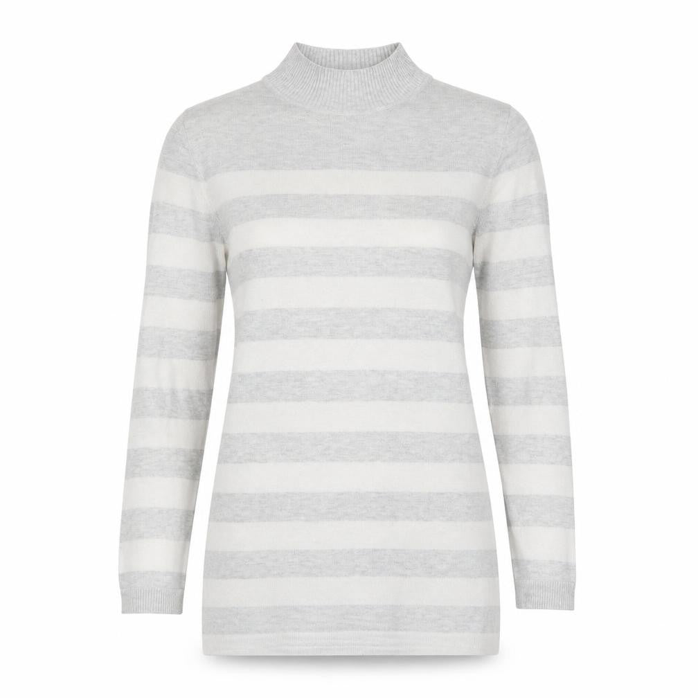 Front view of Atmosphere women’s grey striped jumper, size UK 10