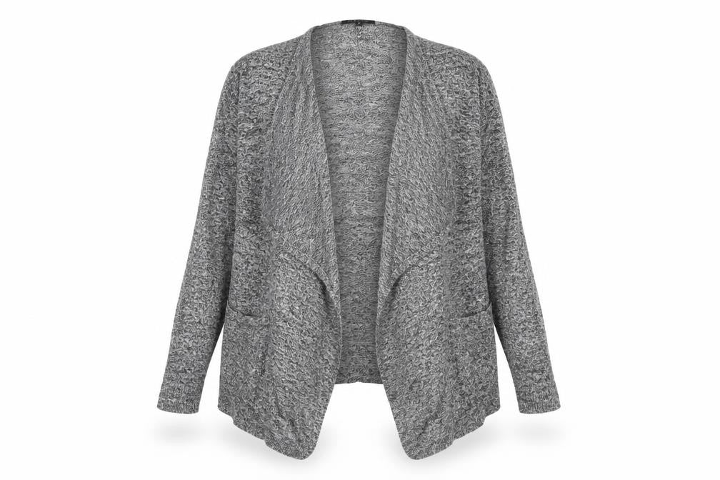 Front view of New Look women’s grey knit cardigan jumper, size UK 10