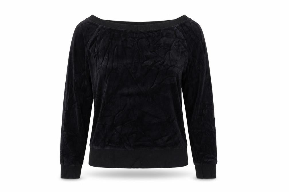 Front view of Remain women’s black velour pullover sweatshirt, size S