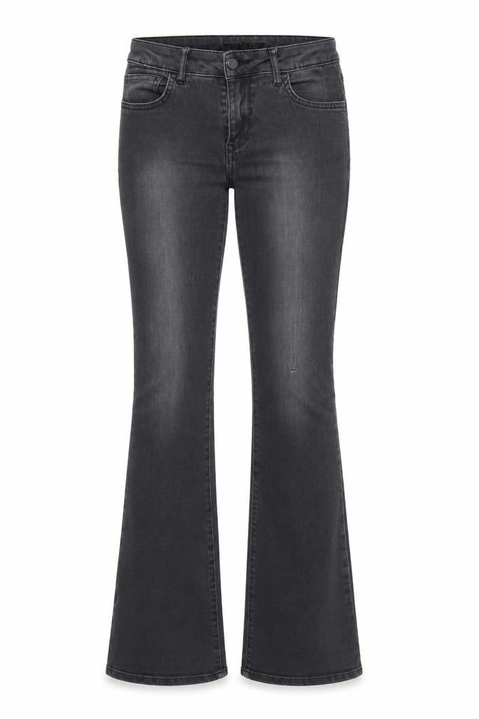 Front view of villa women’s grey denim flared jeans, size UK 28, in, 31-inch leg