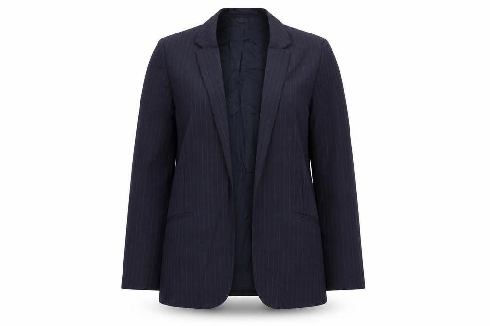 Front view of Topshop women’s blue striped jacket blazer, size UK 8