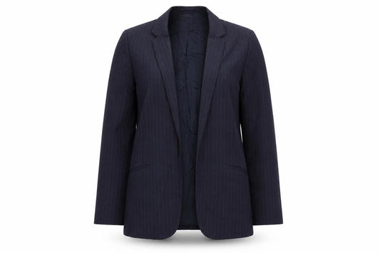 Front view of Topshop women’s blue striped jacket blazer, size UK 8