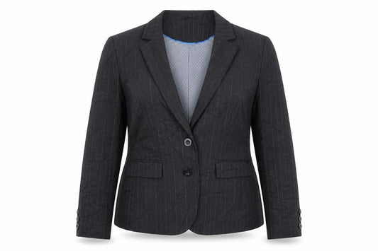 Front view of Autonomy women’s grey striped jacket blazer, size UK 16