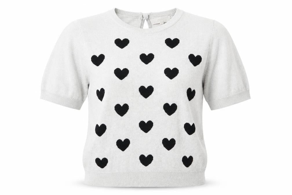 Front view of Next women’s silver basic t-shirt, size UK 12, - heart detail