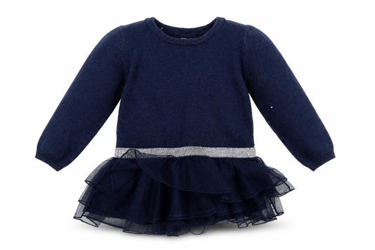 Front view of NAME IT girls’ blue colourblock jumper, size 9-12, months