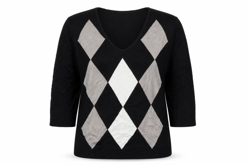 Front view of Preworn women’s black geometric jumper, size UK 14