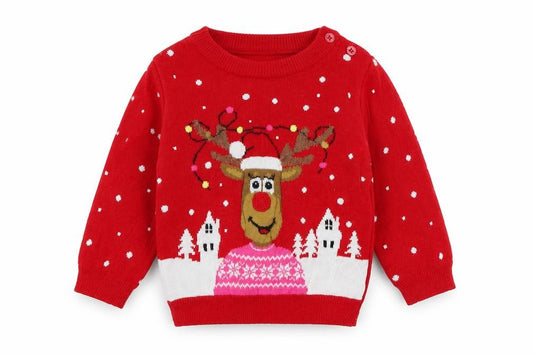 Front view of Primark boys’ red spotted jumper, size 3-6, months - christmas jumper