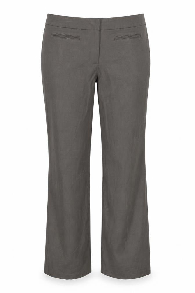Front view of Marks & Spencer women’s grey trousers, size UK 12, 28-inch leg
