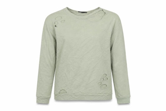 Front view of Atmosphere women’s green pullover sweatshirt, size UK 8, - distressed