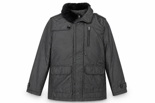 Front view of CardanRo men’s grey striped jacket coat, size 38