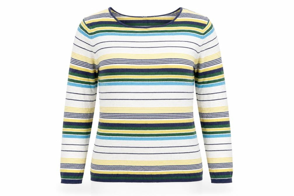 Front view of never fear women’s multicoloured striped jumper, size UK 14