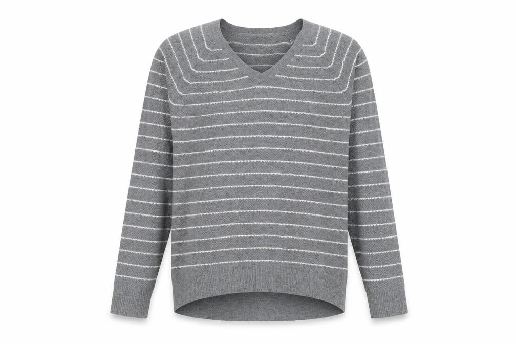Front view of Gap men’s grey striped knit jumper, size L