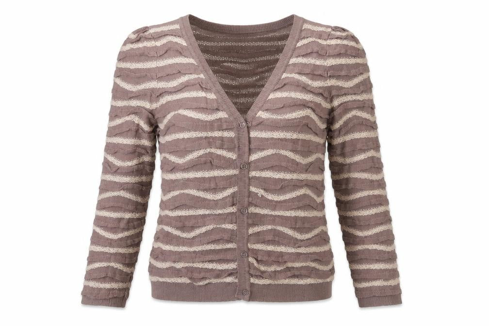 Front view of H&M women’s beige striped knit cardigan jumper, size M