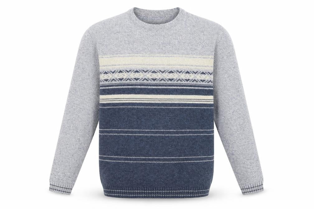 Front view of Debenhams men’s blue striped knit jumper, size L