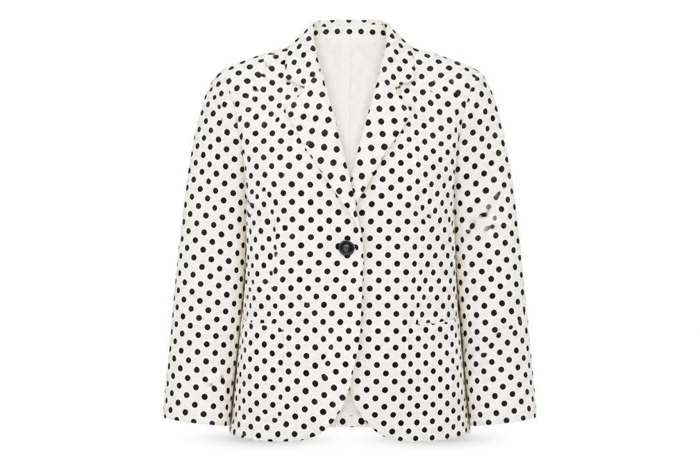 Front view of Rasler women’s black polka dot jacket suit jacket, size UK 40