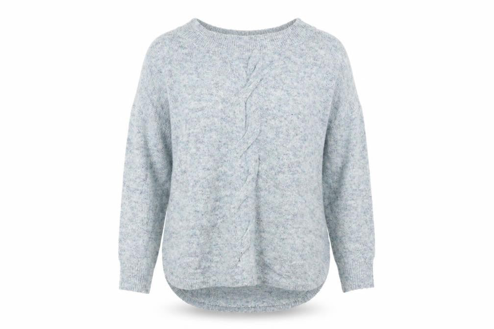 Front view of Marks & Spencer women’s blue knit jumper, size UK 12