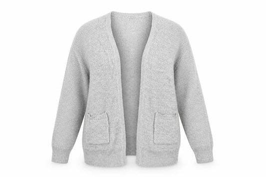 Front view of Select women’s grey knit cardigan jumper, size UK 12