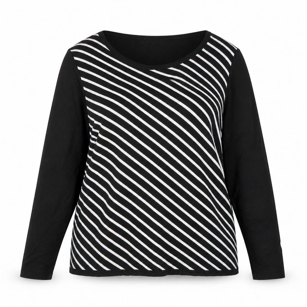 Front view of M&Co women’s black striped jumper, size UK 16