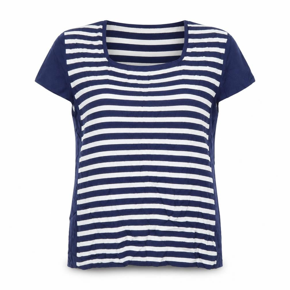 Front view of Lakeland women’s blue striped basic t-shirt, size M
