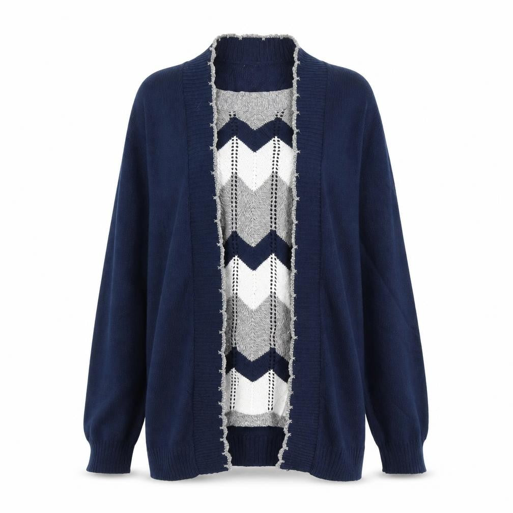 Front view of Envy women’s blue striped jumper, size M