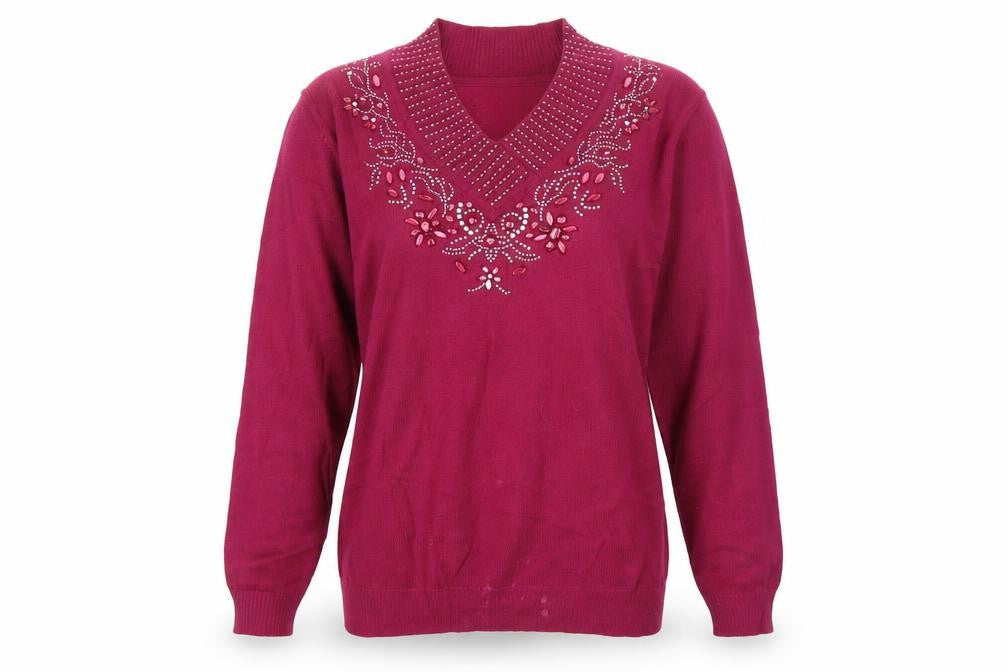 Front view of Afibel women’s purple jumper, size UK 14