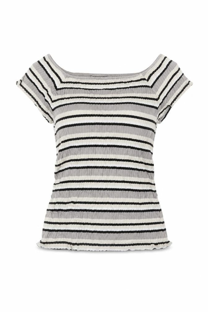 Front view of Debenhams women’s beige striped basic t-shirt, size UK 8
